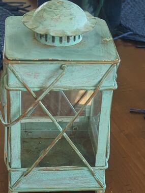 Vintage-Style Mint Green Metal Lantern with Glass Panels